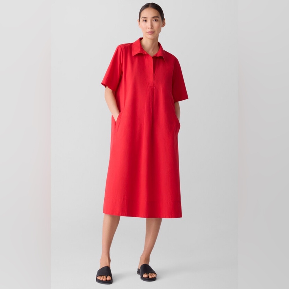 Eileen Fisher Washed Organic Cotton Poplin Split Neck Dress Size S NWT